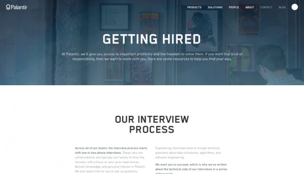 Weniger verspielt, dafür ungewöhnlich informativ: Palantir gibt Bewerbern Tipps für den Erfolg im Jobinterview. (Screenshot: t3n)