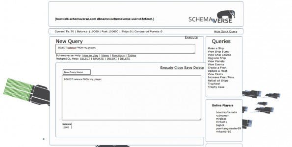 Auch bei diesem Spiel lernt ihr mit SQL zu arbeiten. (Screenshot: Schemaverse)