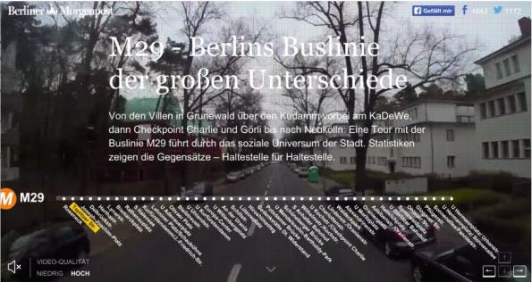 Eine wirklich wundervolle Idee der Berliner Morgenpost. Der Beitrag „M29 – Berlins Buslinie der großen Unterschiede“ untermalt Wählerstatistik, Migrationshintergrund, Altersdaten, Arbeitslosenzahlen und andere Statistiken mit einer Busfahrt durch Berlin. Menschen in Vierteln mit geringer Arbeitslosenzahl wählen eher CDU und leben in vergleichsweise teuren Häusern. Diese Viertel verzeichnen aber auch mehr Einbrüche. Das kann man alles auf der Busfahrt „sehen“. Datenjournalismus meets Reportage. (Screenshot: morgenpost.de)