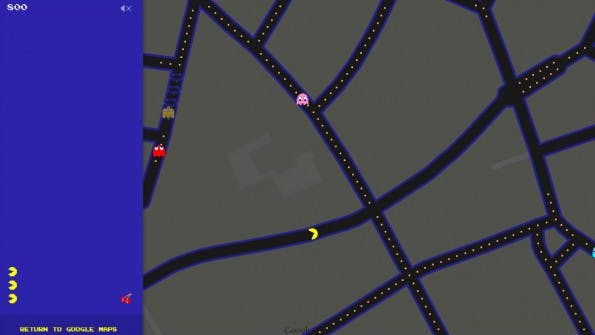 Pacman zocken in Google Maps: Hier geht der kleine Beißer vor dem t3n-Headquarter in Hannover auf Punktejagd. (Screenshot: t3n)