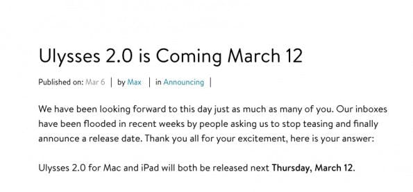 Ulysse 2.0 erschint am 12. März 2015 (Screenshot: ulyssesapp.com/blog)