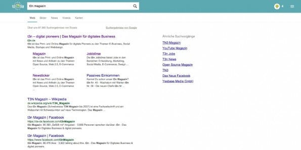 Suche über ecosia.org: Mit einem Klick lässt sich von den Ecosia/Bing-Ergebnissen auf die Google-Ergebnisse umschalten. Oben rechts wird angezeigt, wie viele Bäume man schon „mitgepflanzt“ hat.
