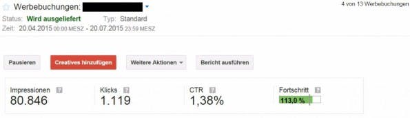 Die für den Erfolg einer Werbekampagne relevanten Kennzahlen (Ad-Impressions, Klicks, CTR,) sind in Echtzeit einsehbar und können detailliert an den Kunden reportet werden. (Screenshot: DFP)