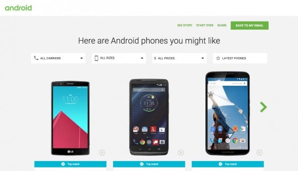 Google will euch bei der Auswahl eines passenden Android-Smartphones helfen. (Screenshot: Android.com)