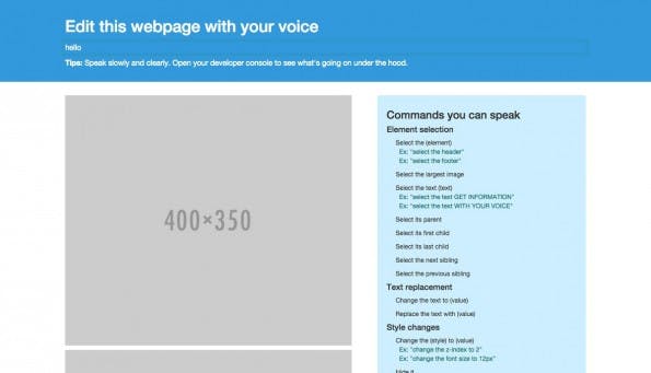 Mit say_resytle.js verändert ihr Webseiten per Sprachbefehl. (Screenshot: say_resytle.js-Demo)