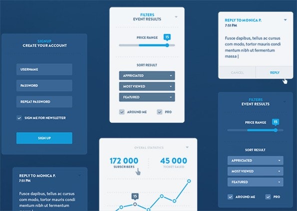 Umfangreiches UI-Kit unter anderem auch mit einem Timeline-Design. (Screenshot: http://dtailstudio.com)