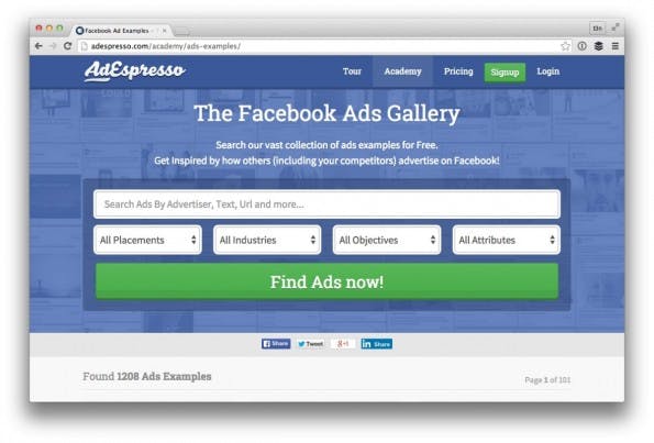 Die „Facebook Ads Gallery“ lässt sich einfach auf vier Kriterien filtern. (Screenshot: adespresso.com/ t3n.de)