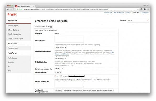 E-Mail-Reports lassen sich in Piwik über das Nutzermenü anlegen. (Screenshot: Piwik/ t3n.de)