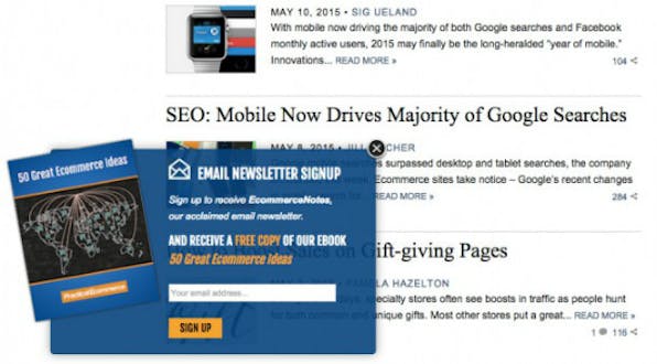 Pop-up auf Practical Ecommerce (Screenshot: Konversionskraft )