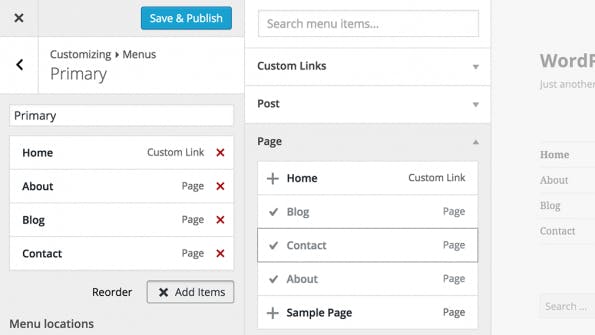 Menüs könnt ihr ab WordPress 4.3 direkt im Customizer verändern. (Screenshot: WordPress)