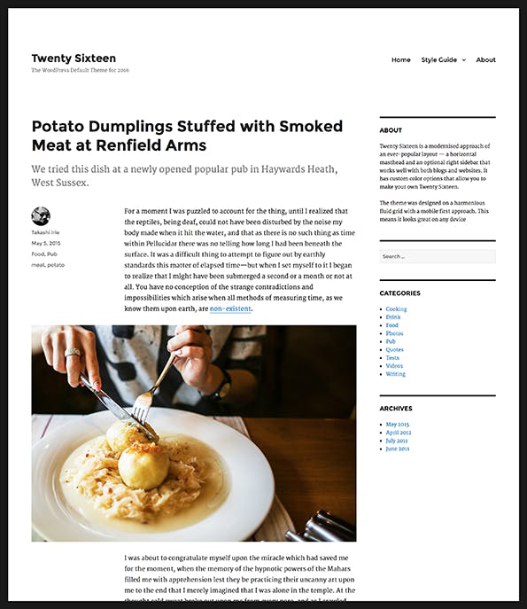So sieht die Einzelansicht eines Beitrags in Twenty Sixteen aus. (Screenshot: WordPress.org)