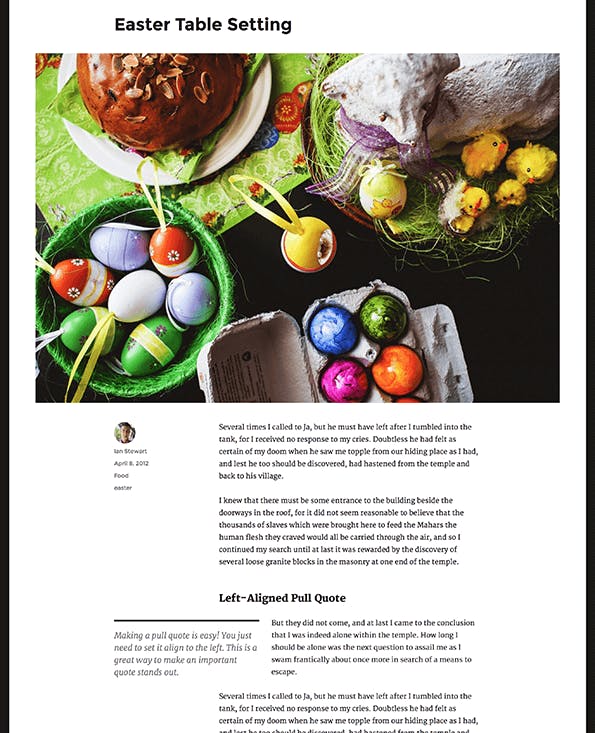 Ein Beitrag mit Featured Image, ohne Sidebar und mit einem Blockzitat links. (Screenshot: WordPress.org)