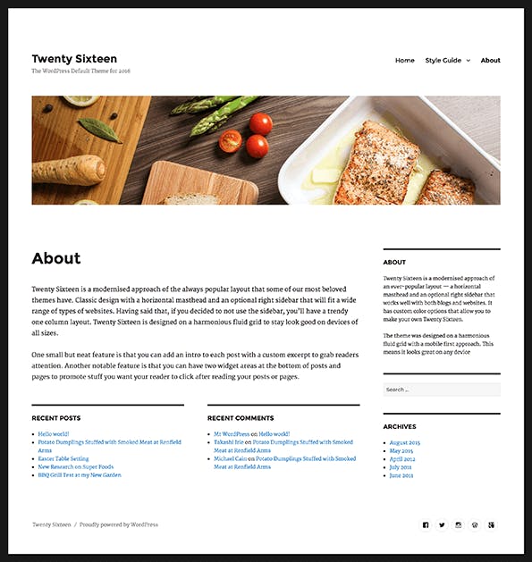 Eine Seite mit den zwei gefüllten Widget-Bereichen unter dem Inhalt und dem Header-Bild. (Screenshot: WordPress.org)