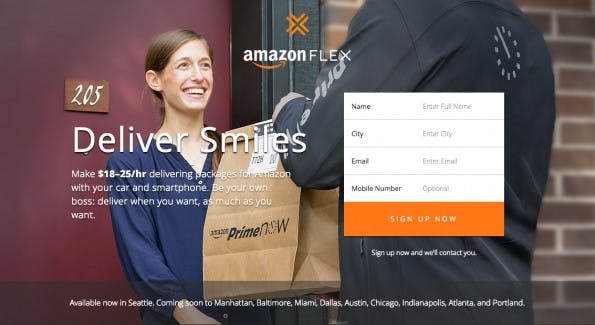 Amazon Flex: Das Unternehmen rekrutiert private Lieferfahrer aus der Nachbarschaft. (Screenshot: flex.amazon.com)
