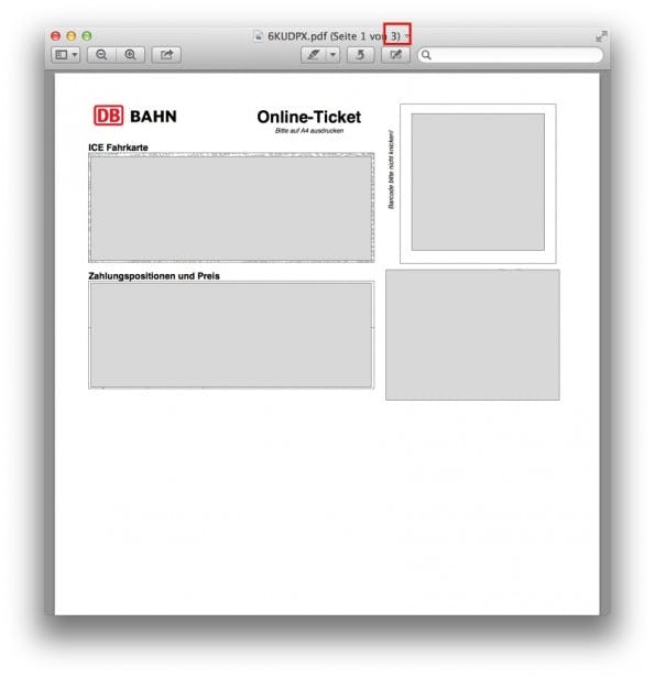 So sieht das Online-Ticket der Deutschen Bahn in der Druckvorschau auf dem Mac aus. Da vergisst man schon mal, dass das Ticket aus insgesamt drei Seiten umfasst. (Grafik: t3n)