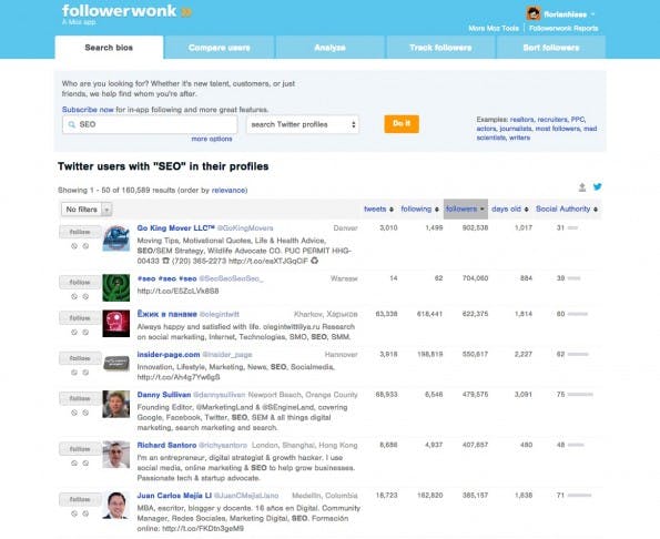 Das Moz-Tool Followerwonk dient ebenfalls der Influencer-Recherche. (Screenshot: Florian Hieß)