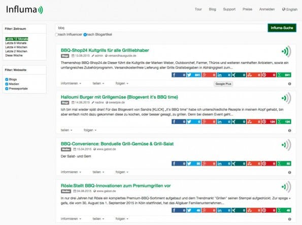 Das deutsche Recerche-Tool Influma ist dank Freemium-Modell kostenlos nutzbar. (Screenshot: Florian Hieß)