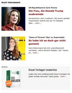 Die Empfehlungen von Plista auf Spiegel Online. Die Monetarisierung erfolgt durch bezahlte Anzeigen, hier zu sehen an dritter Stelle. (Screenshot: t3n.de/ Spiegel Online)