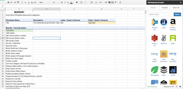 API-Übersicht in Google-Spreadsheet (Screenshot: Blockspring)