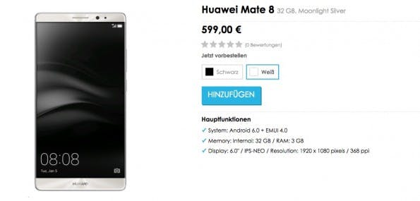 Huawei Mate 8 – schon gestern ist das Phablet im <a href="http://webcache.googleusercontent.com/search?q=cache:LGXT3kFynF4J:https://www.vmall.eu/de/huawei-mate-8-nxt-l29-32gb-moonlight-silver-286572/+&cd=1&hl=de&ct=clnk&gl=de">Online-Store </a>des Herstellers aufgetaucht. (Screenshot: t3n/Vmall)