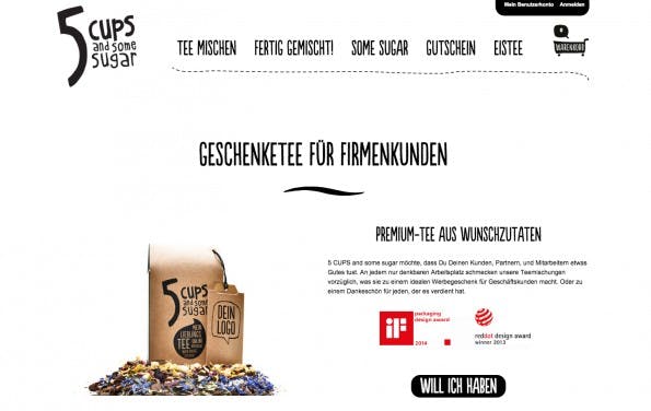 Business-Präsente für die kalte Jahreszeit: Erlesener Tee mit Firmen-Branding (Screenshot: 5 Cups and some sugar)