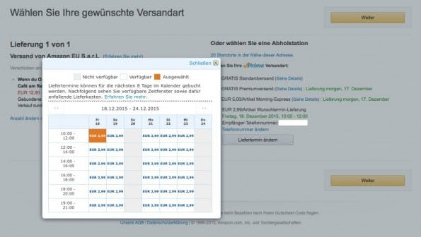 Amazon-Lieferung: Prime-Kunden können ihren Wunschtermin wählen. (Screenshot: Amazon.de/t3n)