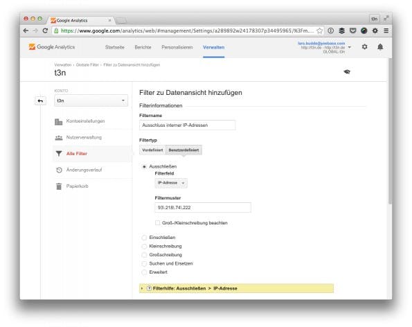 So schließt du intere IP-Adressen aus. (Screenshot: t3n/ Google Analytics)