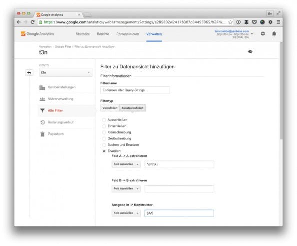Entferne unnötige Query-Strings mit diesem Filter. (Screenshot: t3n/ Google Analytics)