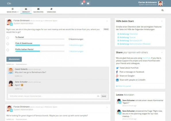 Das HumHub-Dashboard nach dem ersten Login mit Demo-Inhalt. (Screenshot: eigene HumHub-Installation)