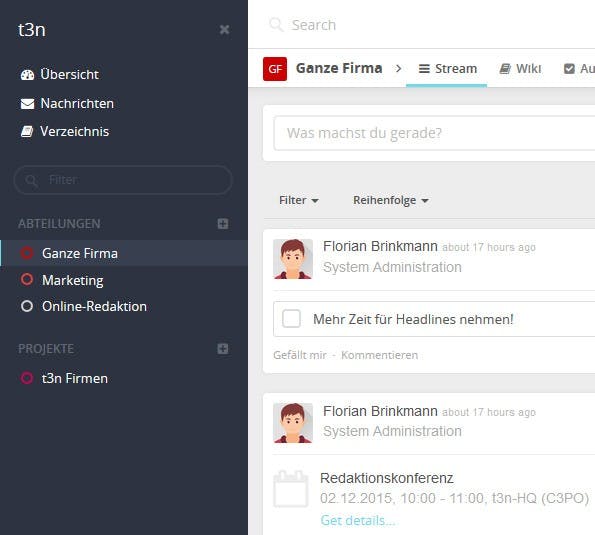 Mit der Enterprise-Edition gibt es unter anderem ein verändertes Design sowie die Möglichkeit, Spaces nach Typen zu gruppieren. (Screenshot: eigene HumHub-Installation)