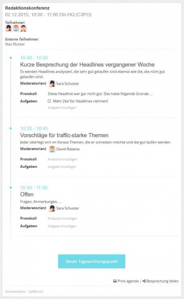 Meetings mit HumHub anlegen, protokollieren und Aufgaben verteilen. (Screenshot: eigene HumHub-Installation)