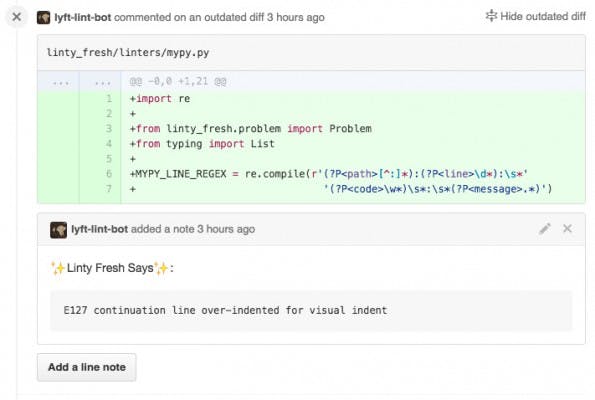 Linty Fresh: Die Ergebnisse der Code-Analyse werden als GitHub-Kommentare angezeigt. (Screenshot: Lyft)