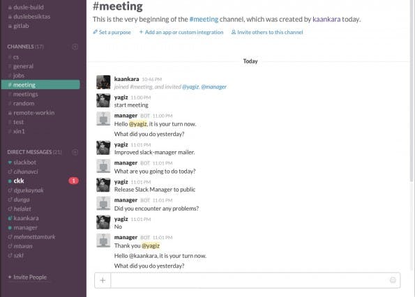 Slack Manager: Der Chatbot soll eine Alternative zum morgendlichen Stehmeeting sein. (Screenshot: Slack Manager)