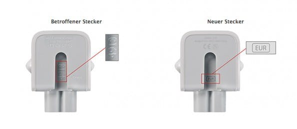 Apple: Fehlerhafte Netzteilstecker-Adapter sind mit vier oder fünf Zeichen oder überhaupt nicht markiert. (Screenshot: Apple.com)