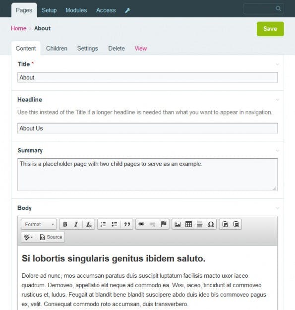 Die „About“-Seite im ProcessWire-Backend. (Screenshot: eigene Installation)