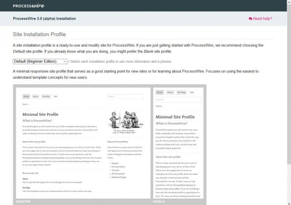 Auswahl der Websiteprofils für die ProcessWire-Installation. (Screenshot: eigene Installation)