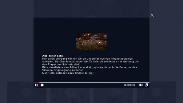 „Dschungelcamp“-Videos gibt es bei aktiviertem AdBlocker nur noch im Mini-Format. (Screenshot: RTL.de)