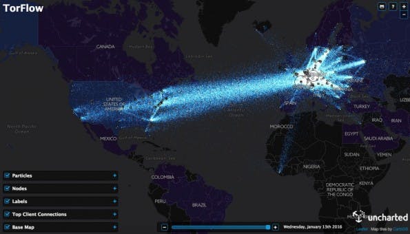 TorFlow visualisiert Datenströme des Tor-Netzwerks. (Screenshot: TorFlow)