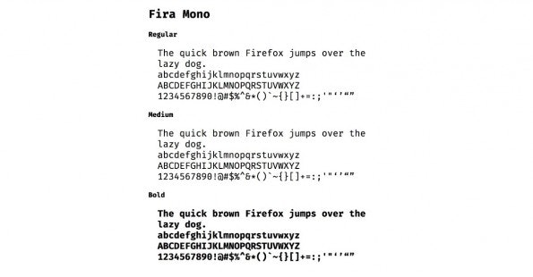 Die Schrift „Fira Mono“ für Entwickler gibt es in einer regulären, einer Medium- und einer Bold-Version. (Screenshot: mozilla.github.io)