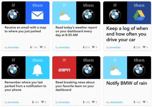 IFTTT im Auto: BMW stellt gleich einige praktische Beispielrezepte vor. (Screenshot: IFTTT)