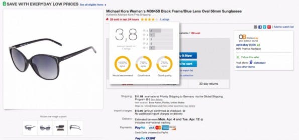 Hier wird mit einem Klick auf die Bewertungsleiste unter der Artikelbezeichnung ein Overlay eingeblendet, dass die Bewertungsdetails aufschlüsselt. (Screenshot: eBay)