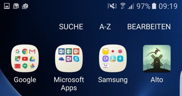 Die Apps von Samsung, Google und Microsoft sind in entsprechenden Ordnern gesammelt. (Screenshot: t3n)