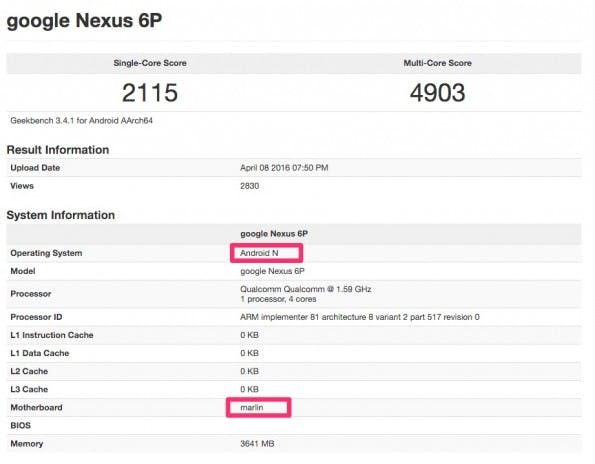 Ein Lebenszeichen vom „Marlin“ – als Nexus 6P (2016). (Screenshot: GFX-Bench; t3n)