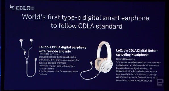 Neben drei USB-Typ-C-Smartphones hne Audiobuchse hat LeEco auch zwei passende Kopfhörer angekündigt. (Bild: LeEco; engadget)