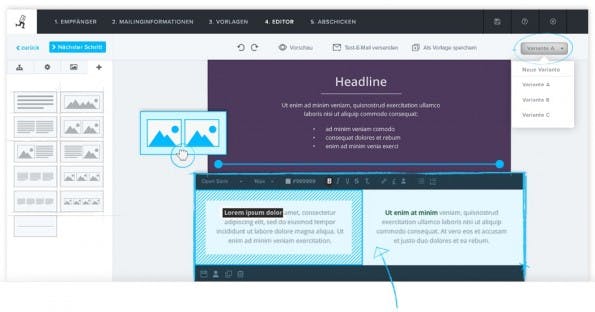 Im neuen Editor von Newsletter2Go lassen sich Newsletter bequem per Drag-and-Drop editieren. (Bild: Newsletter2Go)