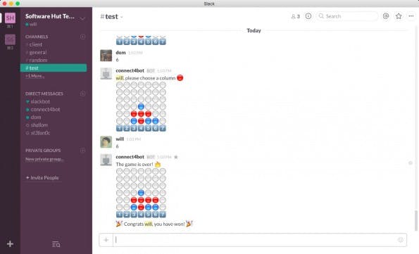 „Vier gewinnt“ im Slack-Channel. (Screenshot: Slack Connect 4 Bot)
