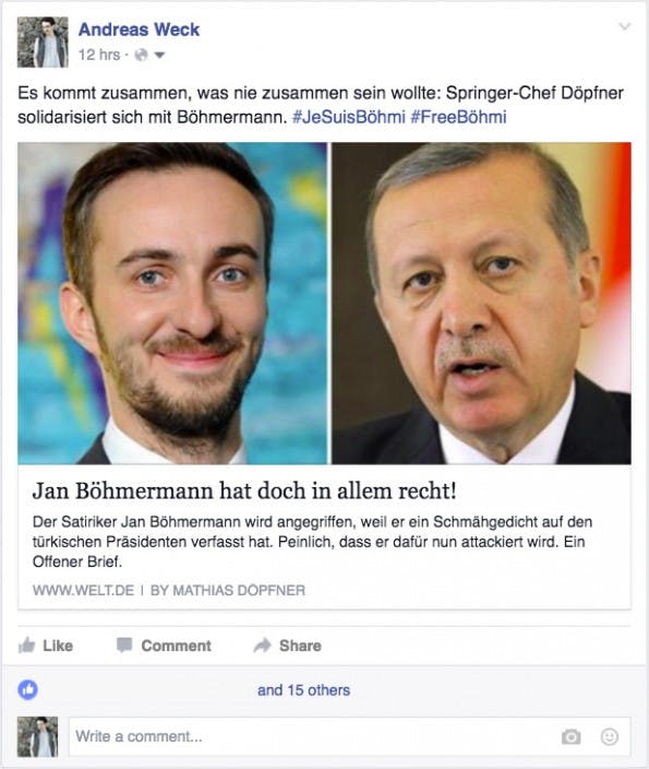 Böhmermann vs. Erdogan beschäftigt ganz Deutschland. Doch Facebook will dass du weniger News und mehr Privates postest. (Screenshot: t3n.de)