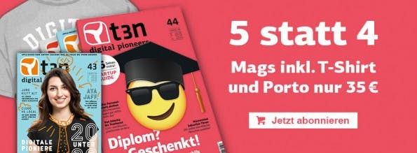 Noch kein t3n-Abo? Dann aber schnell! Wenn du jetzt bestellst, erhältst du die Ausgaben 43 gratis hinzu. Die Aktion läuft noch bis zum 01. Juni 2016.