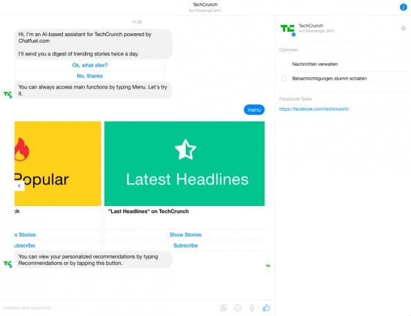 Chat-Bots für den Facebook-Messenger ohne eine Zeile Code entwickeln: TechCrunch setzt auf die Chatfuel-Technologie. (Screenshot: messenger.com)