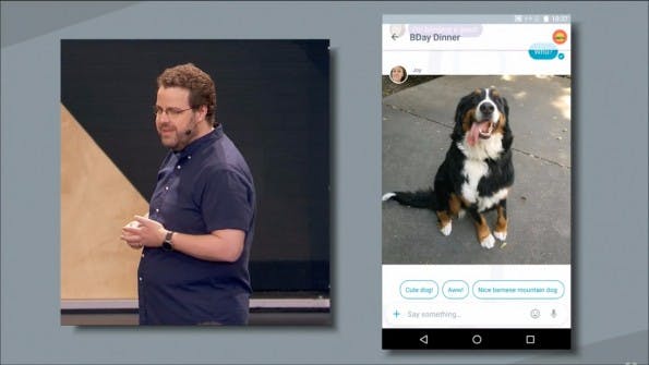 Google Allo erkennt Bildinhalte und bietet passende Schnellantworten an. (Screenshot: youtube.com)